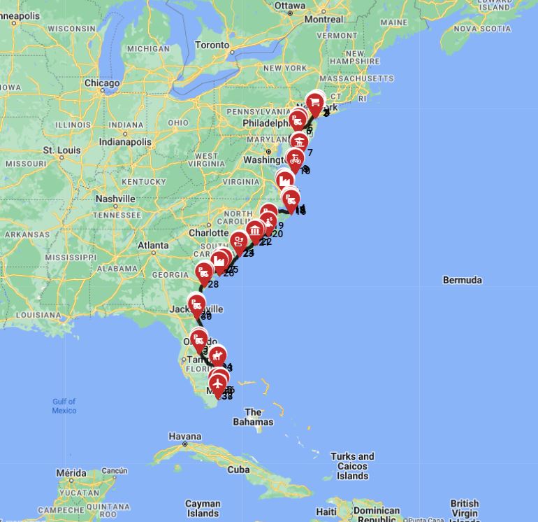 RV Travel route plan from New Youk to Miami